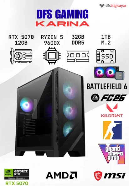 DFS GAMING KARINA RYZEN 5 9600X-B650M-RTX 5070 12GB-32GB DDR5 RAM-1TB M.2 SSD-OYUNCU BİLGİSAYARI ürün görseli