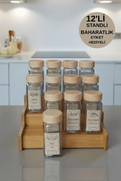 12'li Bambu Standlı Kare Form Cam Baharatlık Seti Takımı Etiket Saklama Kabı Mutfak Düzeni Organizer ürün görseli 1