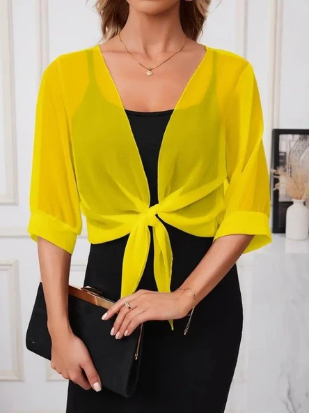 Kadın Truvakar Kollu önden Bağlamalı Kısa şifon Bolero Ceket - Resim 3
