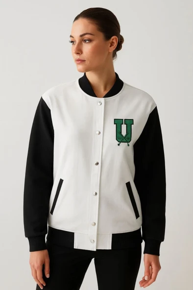 İki İplik Nakış İşlemeli Kolej Ceket - Beyaz - Resim 2