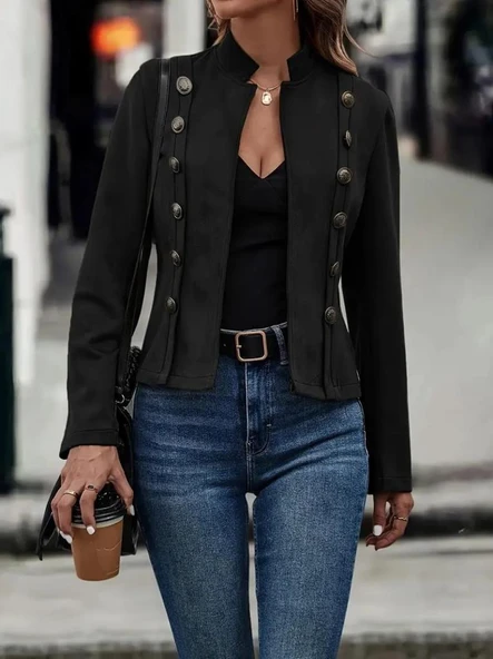 Kadın Uzun Kollu Hakim Yaka Yanlardan Düğmeli Kısa Süet Ceket ürün görseli