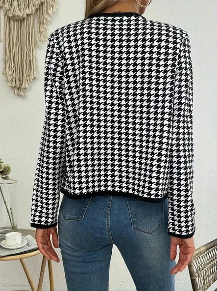 Kadın Uzun Kollu Kaz Ayağı Desenli şardonlu Dalgıç Ceket - Resim 2