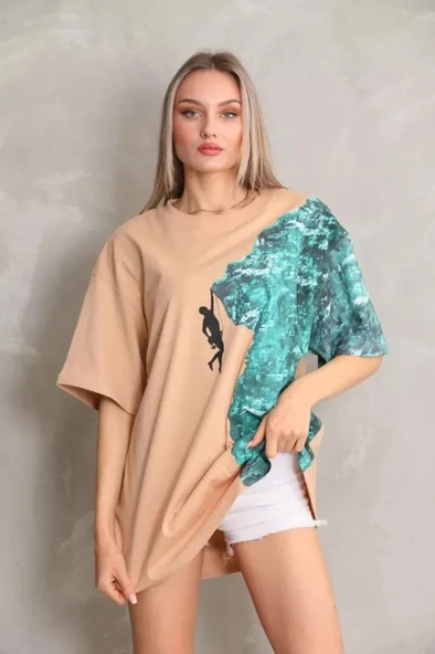 Unisex Bisiklet Yaka Baskılı Oversize T-Shirt - Bej - Resim 4