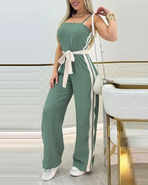 Kadın Ip Askılı Straplez Belden Kuşaklı Viskon Iki Iplik Tulum - Resim 2