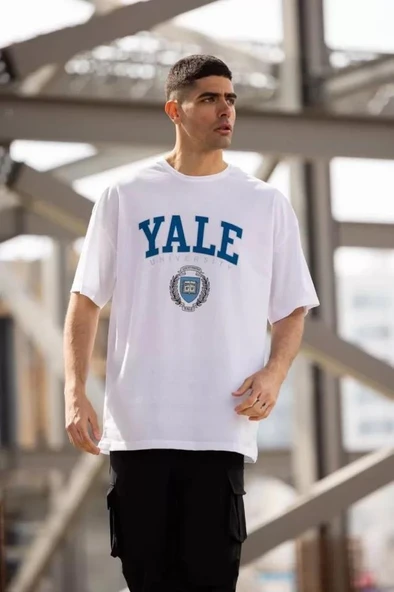 Unisex Bisiklet Yaka Baskılı Oversize T-Shirt - Beyaz - Resim 3