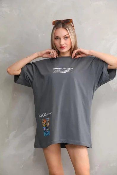 Unisex Bisiklet Yaka Baskılı Oversize T-Shirt - Gri - Resim 4