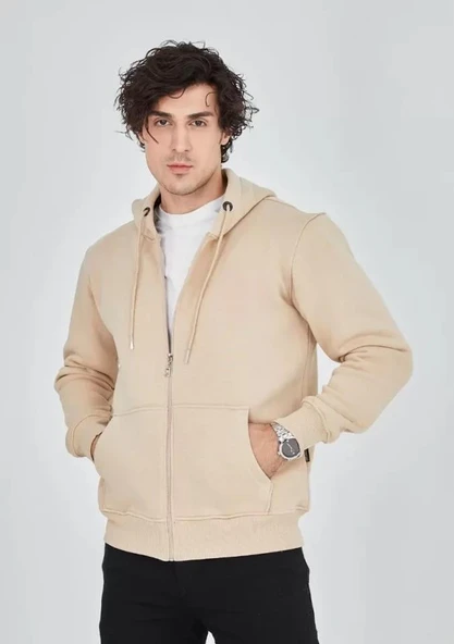 Unisex Tam Fermuarlı Kapşonlu  SweatShirt - Bej - Resim 2