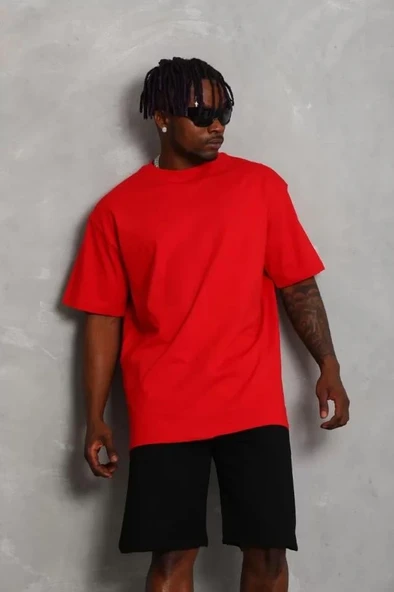 Unisex Oversize Düz Bisiklet Yaka T-Shirt - Kırmızı - Resim 4