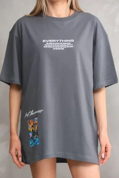 Unisex Bisiklet Yaka Baskılı Oversize T-Shirt - Gri - Resim 2