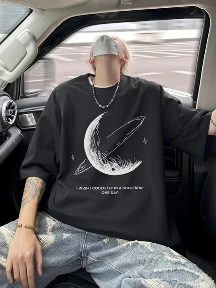 Baskılı Oversize Bisiklet Yaka T-shirt - Siyah - 1