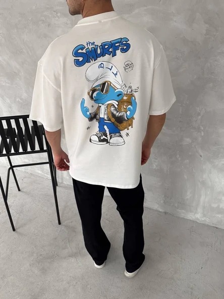 Ön Ve Arka Baskılı Oversize Bisiklet Yaka T-shirt- Beyaz - Resim 4