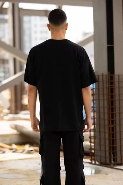 Unisex Bisiklet Yaka Baskılı Oversize T-Shirt - Siyah - 2