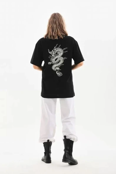 Unisex Baskılı Oversize T-Shirt - Siyah - Resim 3