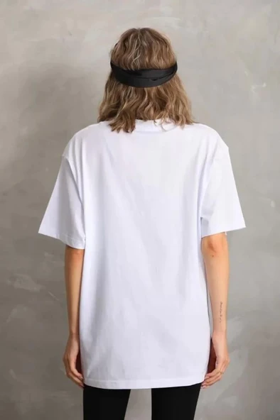 Unisex Taş Desenli Oversize T-Shirt - Beyaz - Resim 2