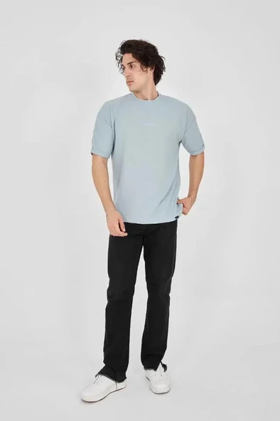 Unisex Waffle Kumaş Rahat Kol T-Shirt - Buz Mavisi - Resim 4