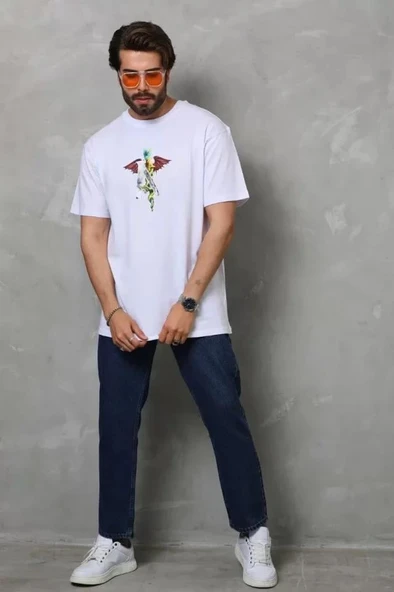 Unisex Bisiklet Yaka Baskılı Oversize T-Shirt - Beyaz - Resim 4
