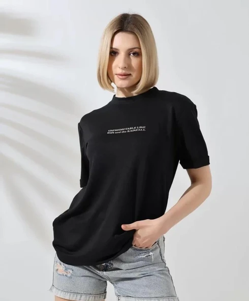 Unisex Bisiklet Yaka Baskılı Slim Fit T-Shirt - Siyah - Resim 2