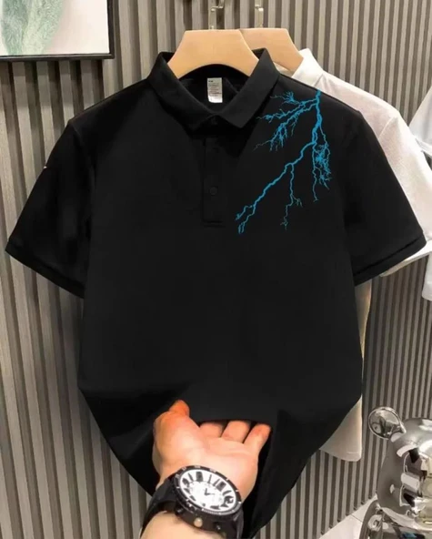 Unisex Yakası Düğmeli Oversize Baskılı T-Shirt - Siyah ürün görseli