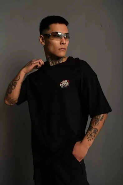 Unisex Bisiklet Yaka Baskılı Oversize T-Shirt - Siyah ürün görseli