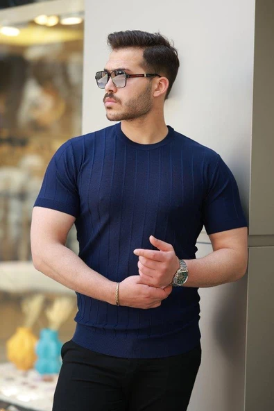 Erkek Kısa Kollu Bisiklet Yaka çizgili Triko Tişört - Resim 2