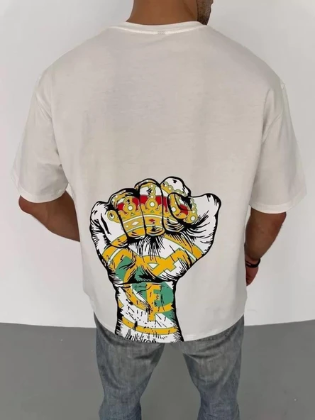 Unisex Bisiklet Yaka Baskılı Oversize T-Shirt - Beyaz - Resim 3