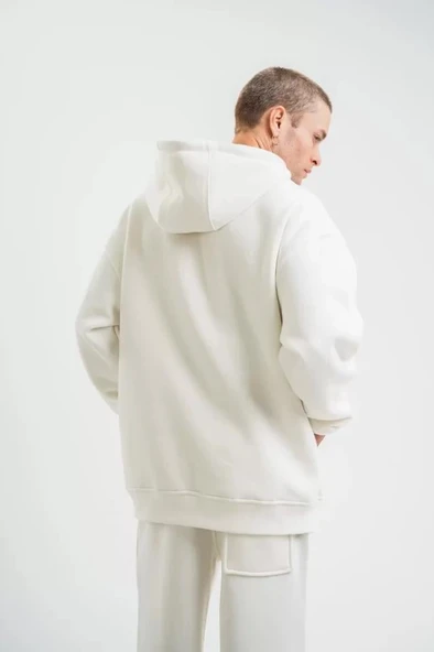 Unisex Double Oversize Kapşonlu Basic SweatShirt - Beyaz - Resim 2