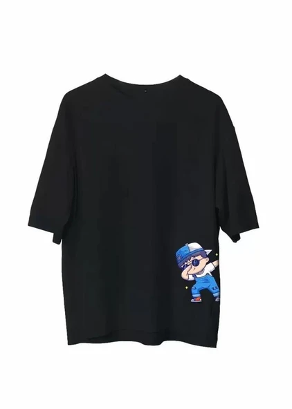 Unisex Bisiklet Yaka Baskılı Oversize T-Shirt - Siyah ürün görseli