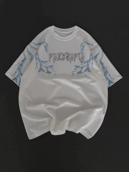 Unisex Bisiklet Yaka Baskılı Oversize T-Shirt - Beyaz - Resim 4