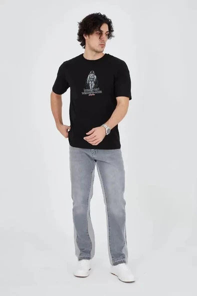 Erkek Penye Baskılı T-Shirt - Siyah ürün görseli