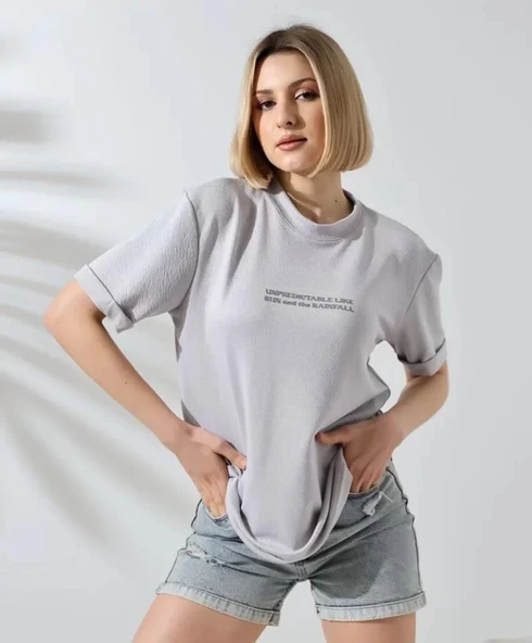 Unisex Bisiklet Yaka Baskılı Slim Fit T-Shirt - Boyalı Gri - Resim 2