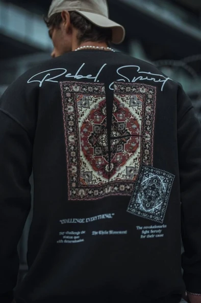 Uzun Kol Bisiklet Yaka Baskılı SweatShirt - Siyah ürün görseli
