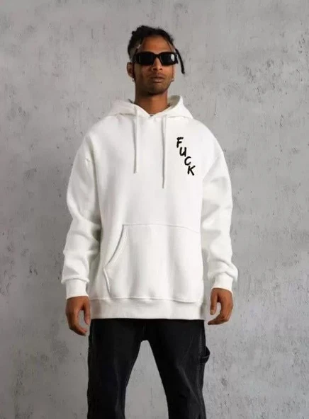 Unisex Kapşonlu Uzun Kol Baskılı Sweetshirt - Beyaz ürün görseli