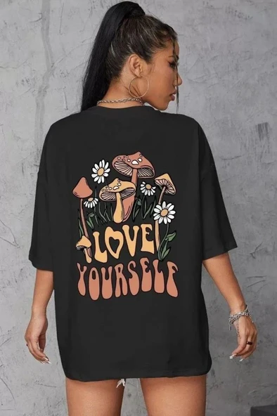 Unisex Baskılı Oversize T-Shirt - Siyah ürün görseli