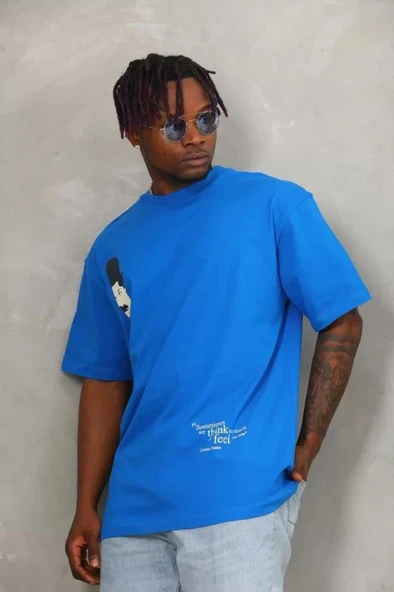 Unisex Oversize Baskılı Bisiklet Yaka T-Shirt - Mavi ürün görseli