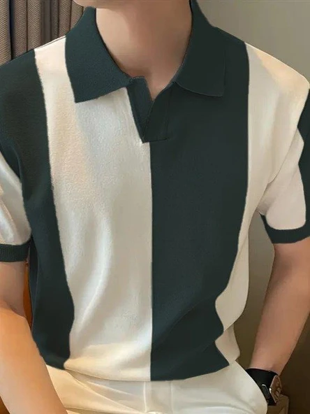 Erkek Kısa Kollu Polo Yakalı Blok Desenli Triko Bluz - Resim 2