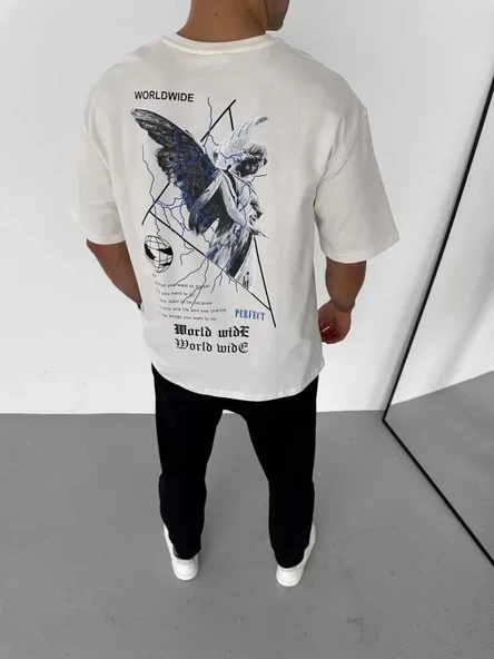 Unisex Bisiklet Yaka Baskılı Oversize T-Shirt - Beyaz - Resim 3