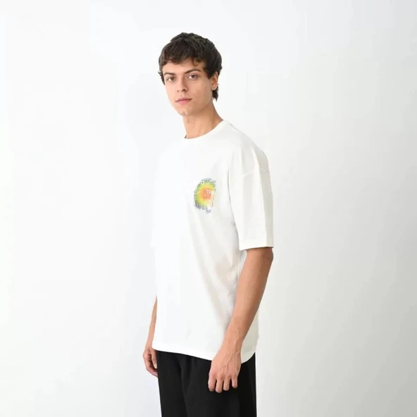 Unisex Bisiklet Yaka Baskılı Oversize T-Shirt - Beyaz ürün görseli