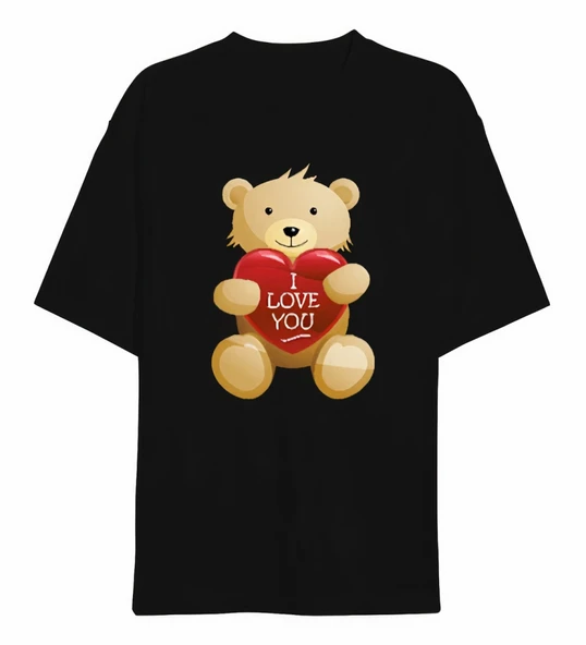 Sevgililer Günü İçin Özel Tasarım I Love You Ayı Baskılı T-shirt - Siyah ürün görseli