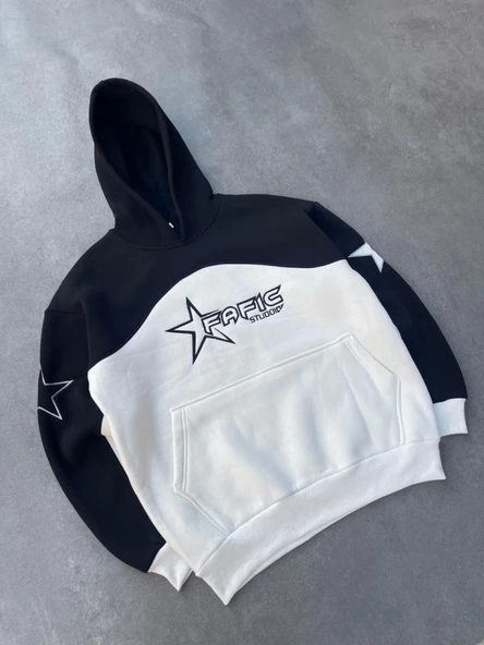 Parçalı Nakış İşlemelı Kapşonlu SweatShirt - Siyah - Resim 2