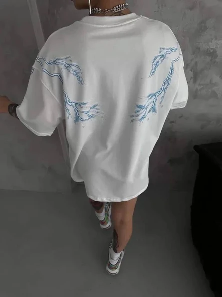 Unisex Bisiklet Yaka Baskılı Oversize T-Shirt - Beyaz - Resim 3