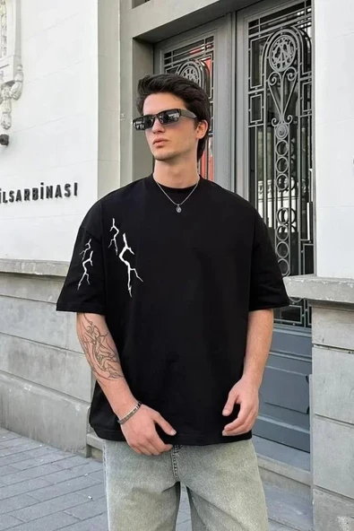Unisex Bisiklet Yaka Baskılı Oversize T-Shirt - Siyah ürün görseli