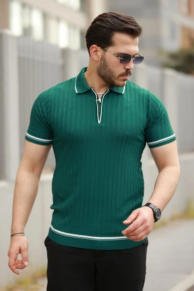 Erkek Fermuarlı Yakalı Kısa Kollu T-shirt - 1