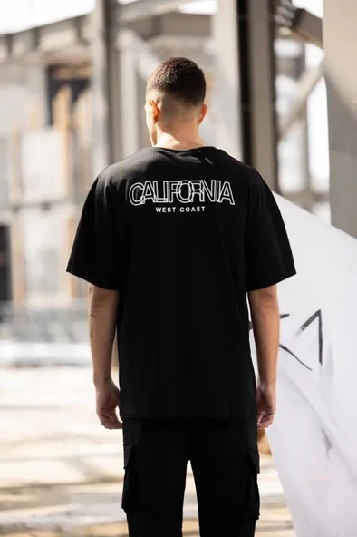 Unisex Bisiklet Yaka Baskılı Oversize T-Shirt - Siyah - Resim 2