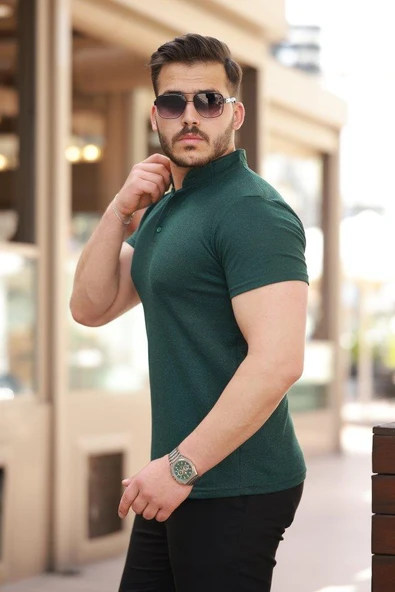 Erkek Hakim Yaka Dokuma Pamuklu Kumaş Kısa Kollu T-shirt - 2