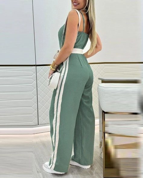 Kadın Ip Askılı Straplez Belden Kuşaklı Viskon Iki Iplik Tulum - Resim 3