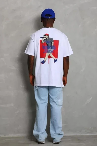 Unisex Oversize Baskılı Bisiklet Yaka T-Shirt - Beyaz ürün görseli