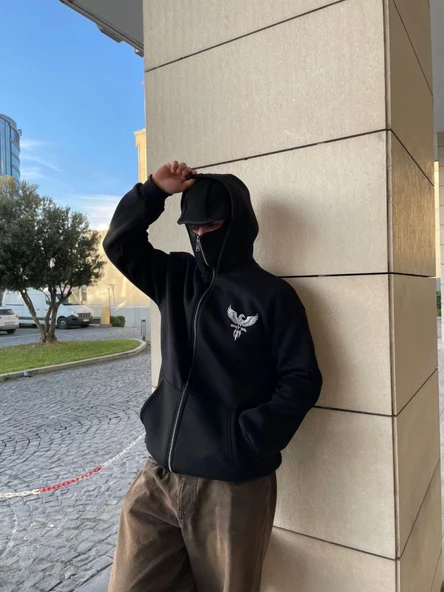 Samuray Kapşonlu ZIP Fermuarlı Kapşonlu SweatShirt - Siyah - Resim 2