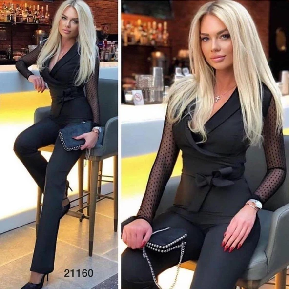 Krep Kumaş Kol Tül Puan Detaylı Kuşaklı Tulum 141 Cm - Resim 8