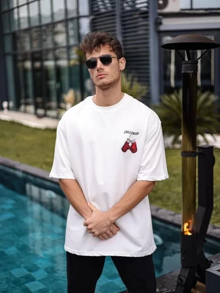 Unisex Bisiklet Yaka Baskılı Oversize T-Shirt - Beyaz ürün görseli