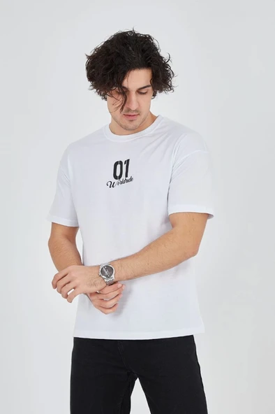 Erkek Bisiklet Yakalı Baskılı T-Shirt - Beyaz - Resim 3